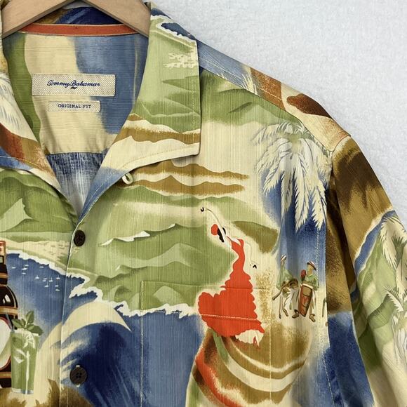 TOMMY BAHAMA Shirt Men L Silk Camp Hawaiian Cocktails Guitar Bartender Camp - Picture 9 of 16